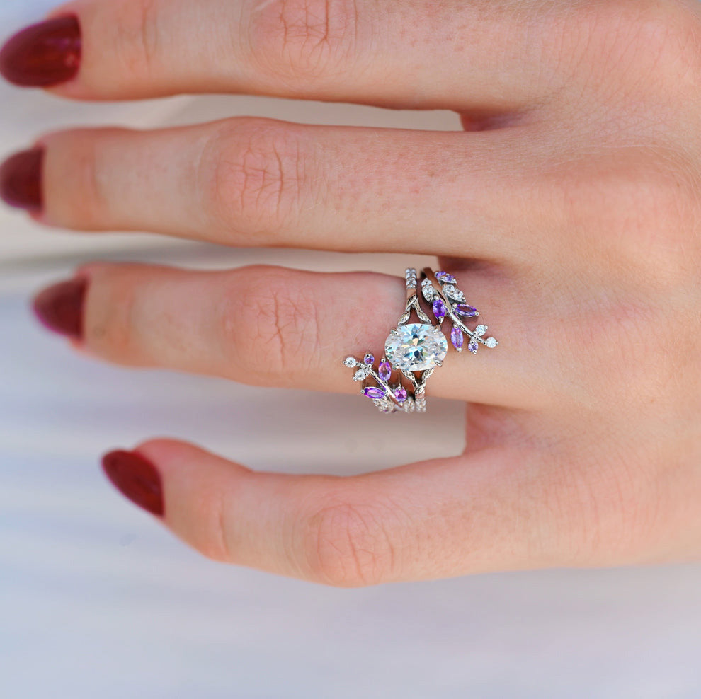 Fairy-inspired amethyst & diamond leaf engagement ring set - 925 Sterling silver