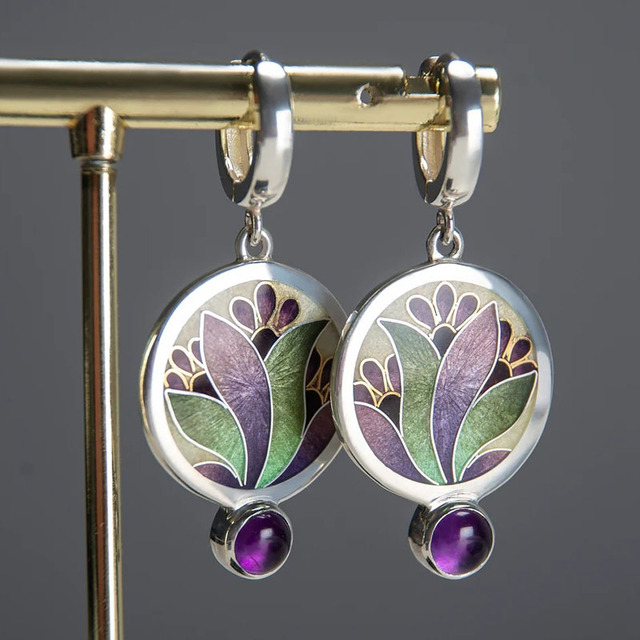 Boho Sterling Silver Earrings with Purple Crystal Accents