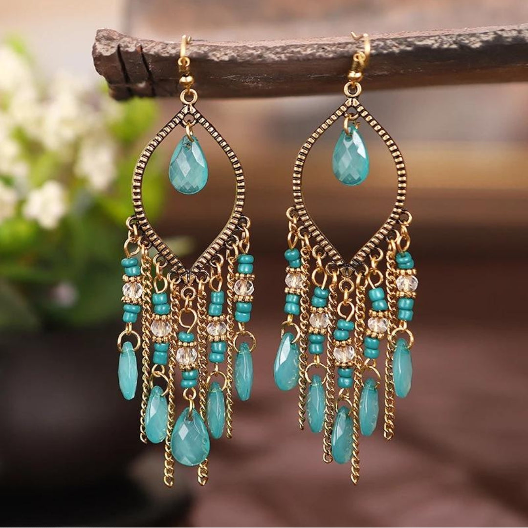 Boho Mandala Drop Earrings with Blue Zirconia