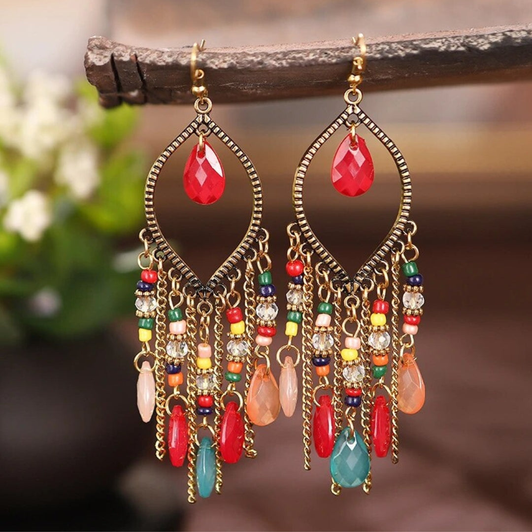 Boho Mandala Drop Earrings with Red Zirconia