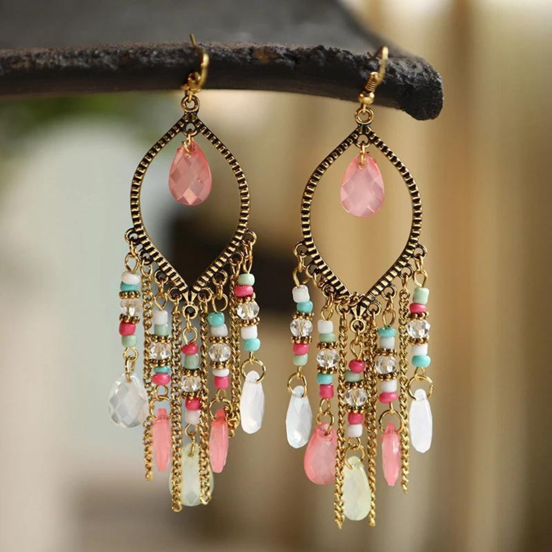 Boho Mandala Drop Earrings with Pink Zirconia
