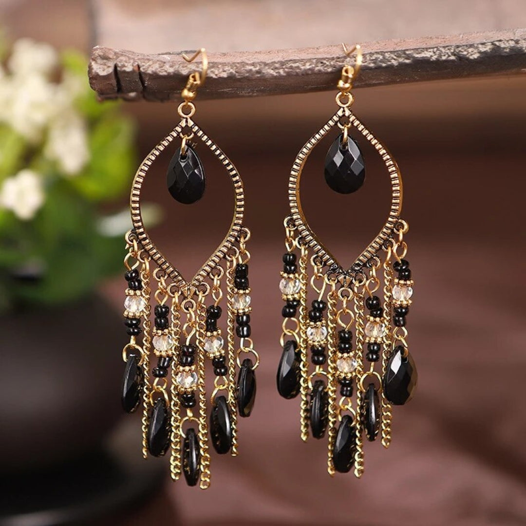 Boho Mandala Drop Earrings with Black Zirconia Accents