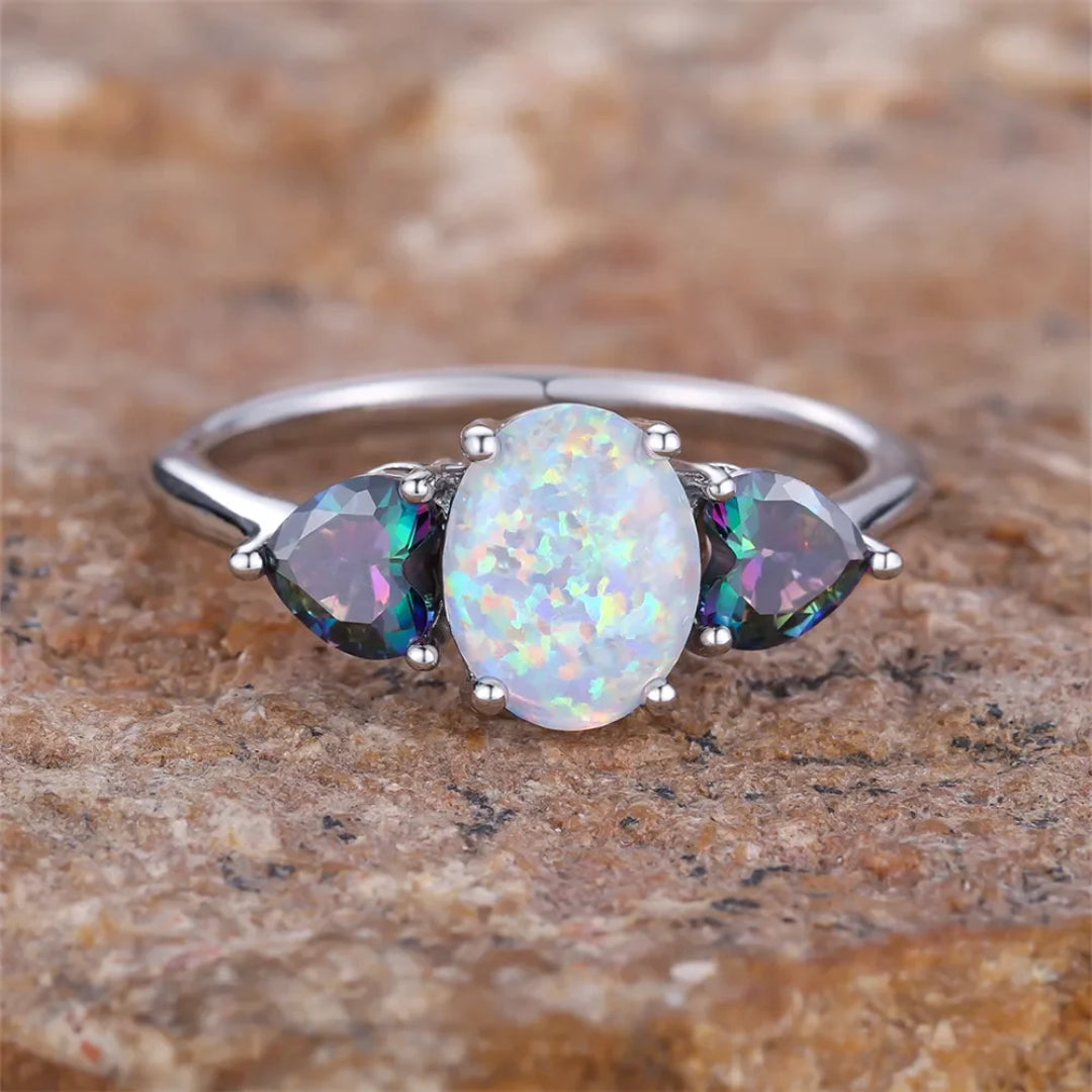 Boho White Opal Ring in Antique Silver