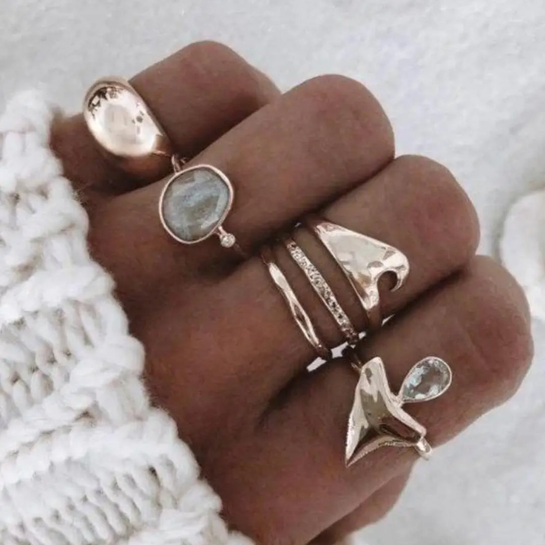 Vintage Ocean-Inspired Silver Ring Set