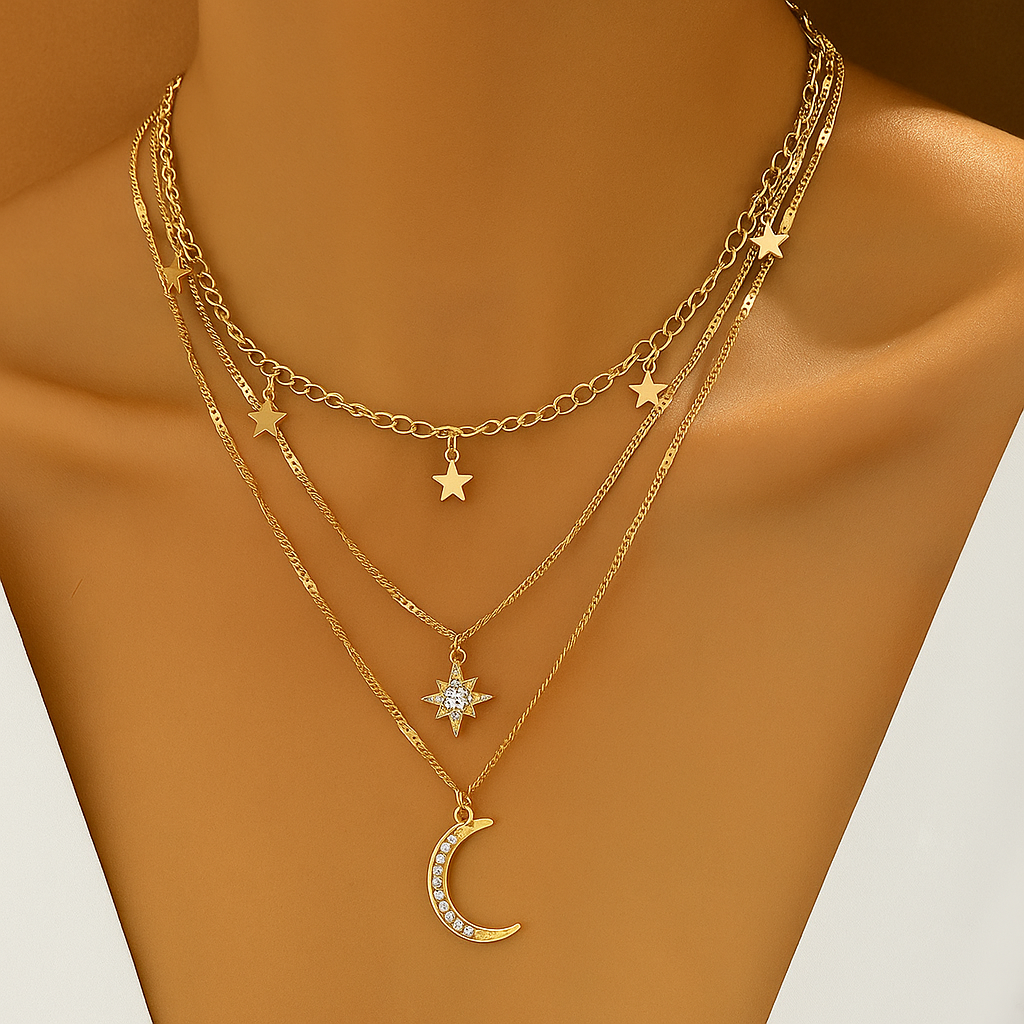 Elegant Bohemian Layered Star & Moon Pendant Necklace