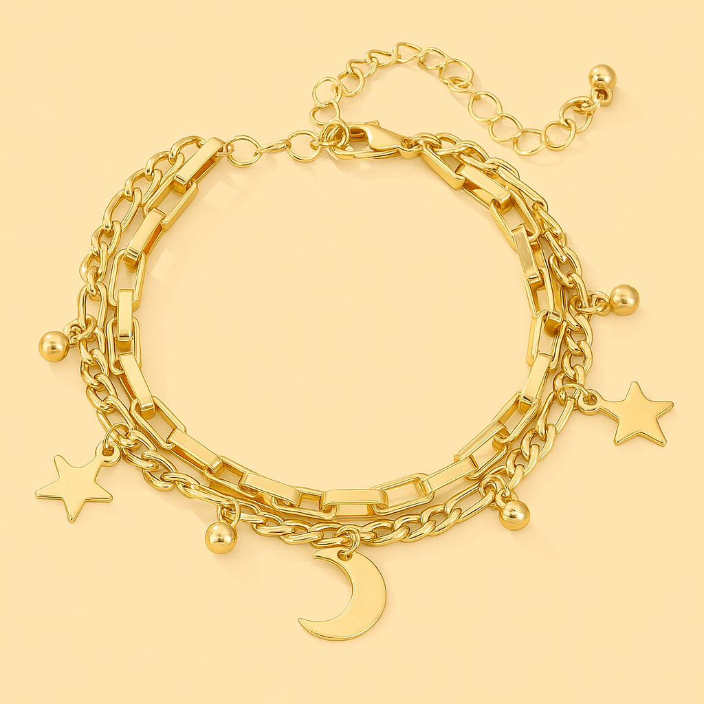 Celestial Charm | Gold-Tone Star & Moon Double Layer Bracelet