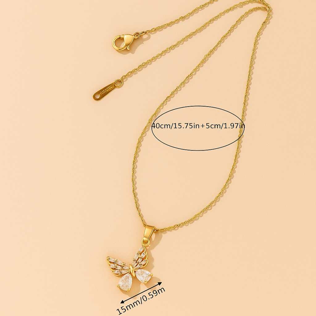 Golden Butterfly Pendant Necklace with Rhinestones