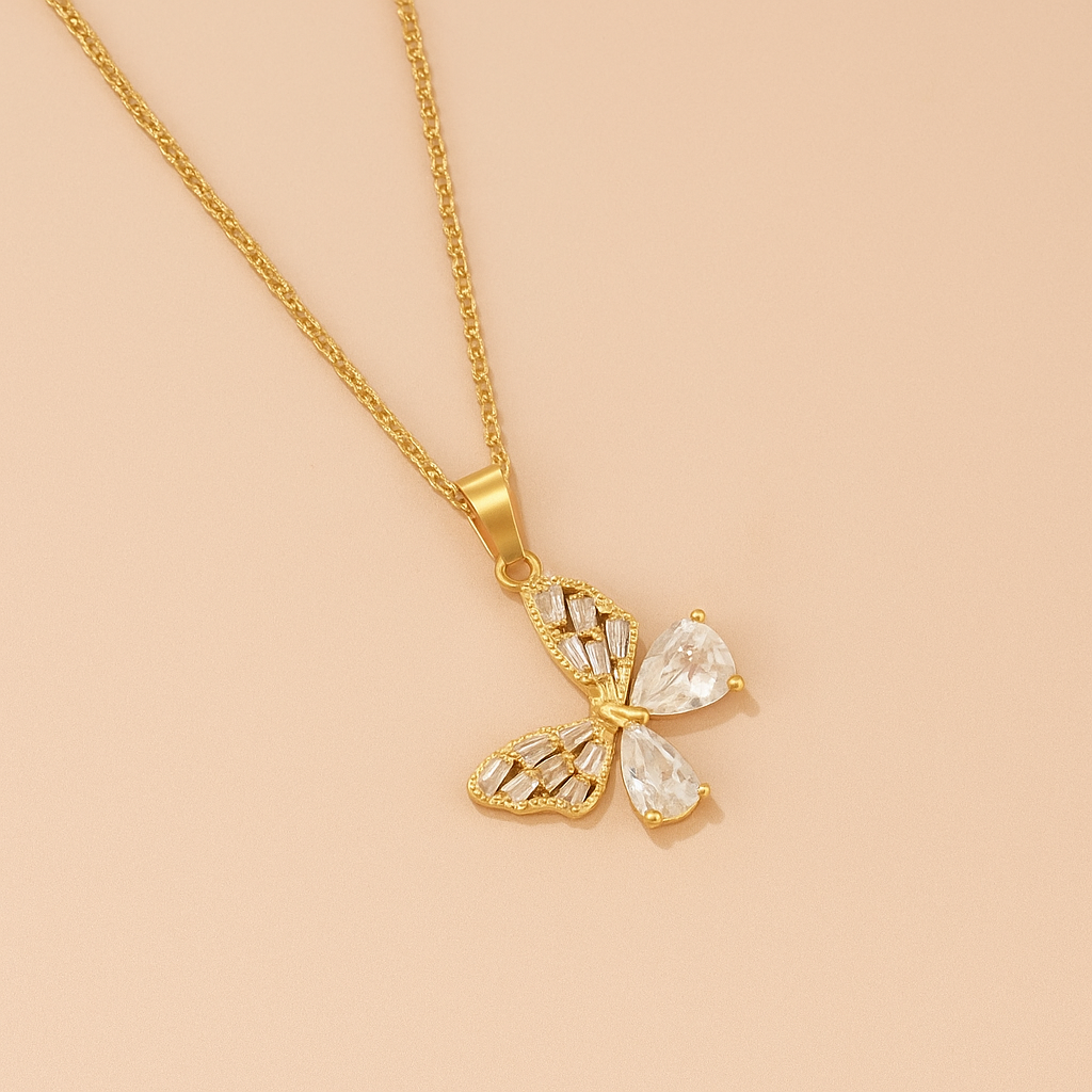 Golden Butterfly Pendant Necklace with Rhinestones