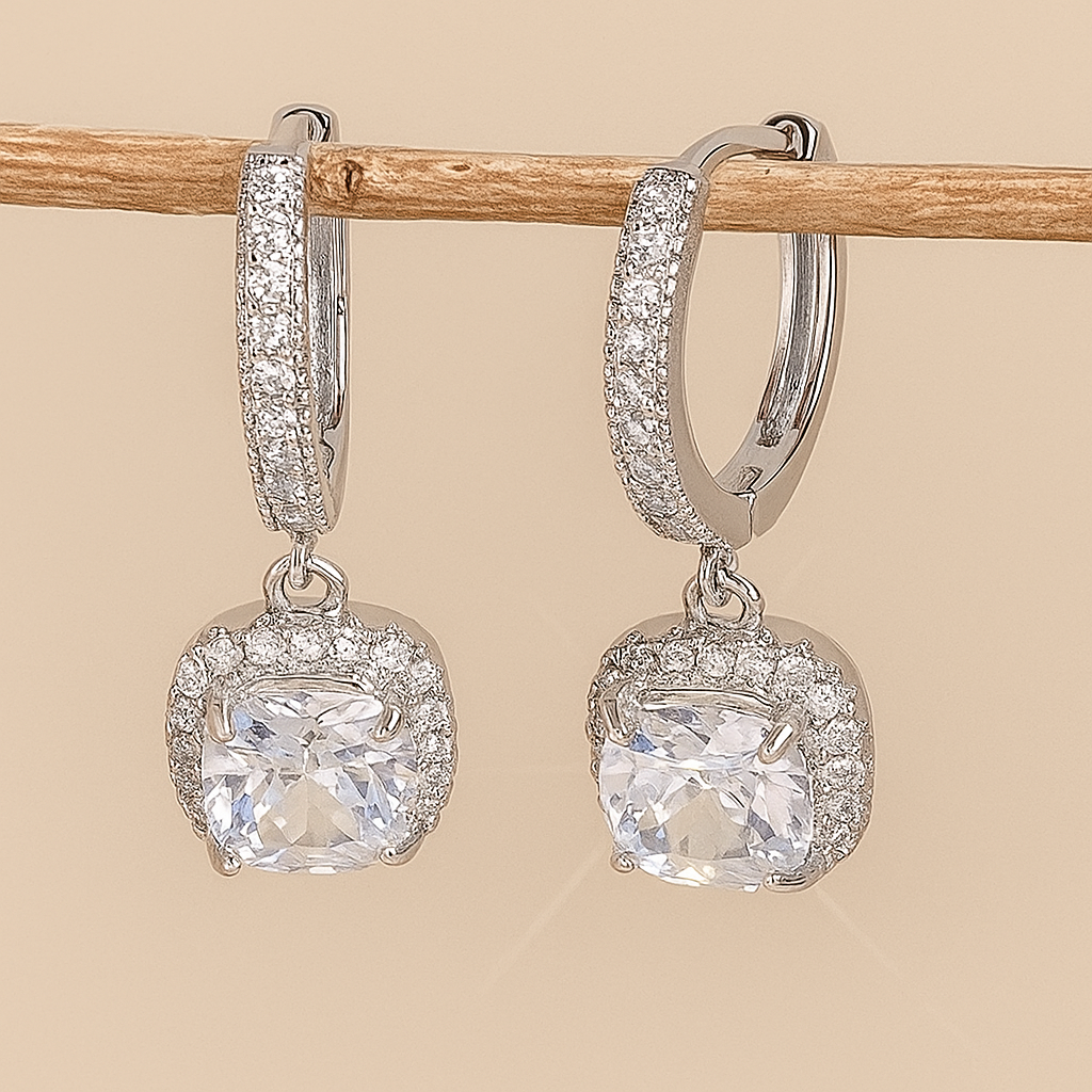 Pair of Square Copper Earrings with Micro Zirconia