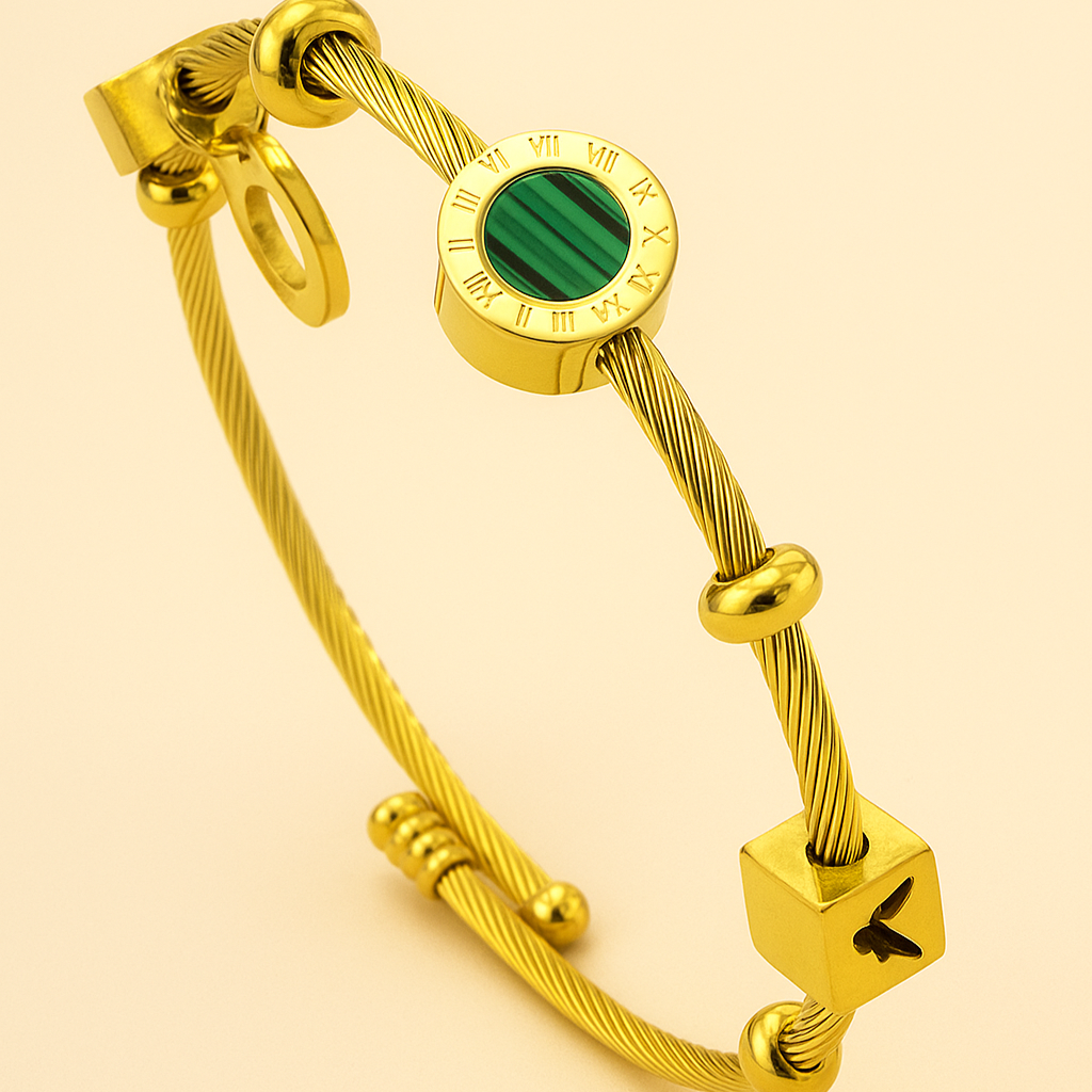 Elegant Golden Cuff Bracelet with Green Stone Gold Beads