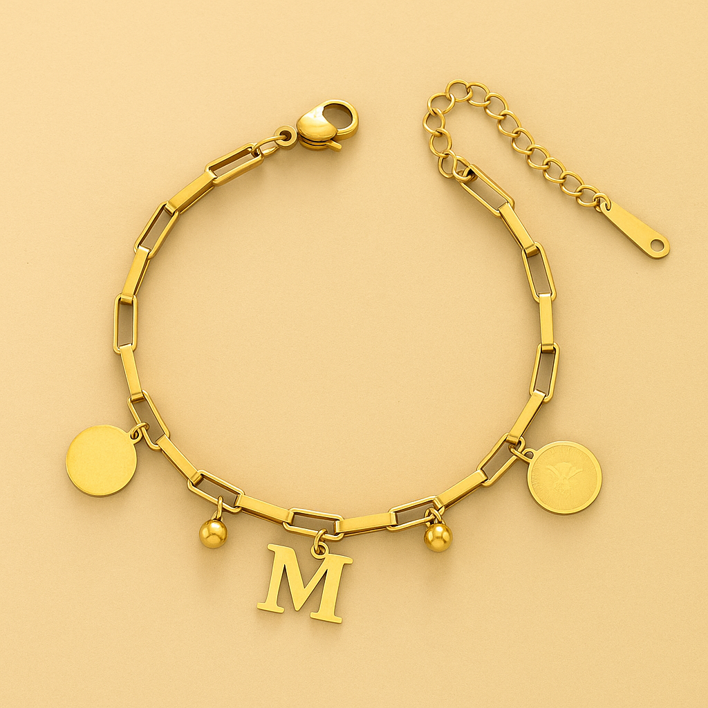 Edgy 18K Gold Bracelet with Circular Charms & Initial Pendant