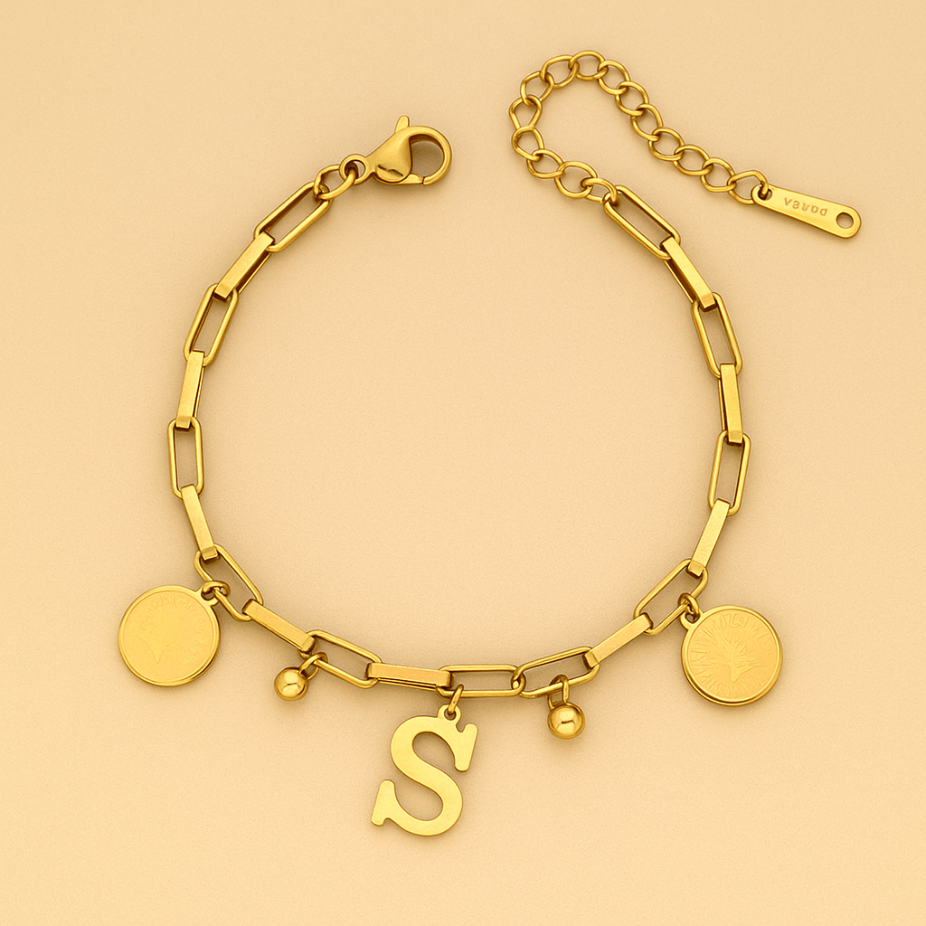 Edgy 18K Gold Bracelet with Circular Charms & Initial Pendant