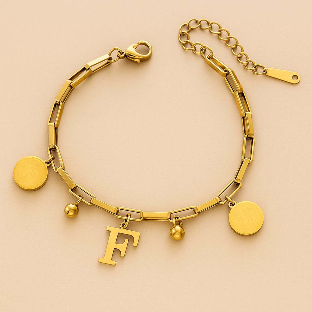 Edgy 18K Gold Bracelet with Circular Charms & Initial Pendant