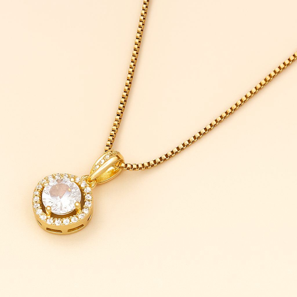 18K Gold Plated Round Halo Cubic Zirconia Pendant Necklace