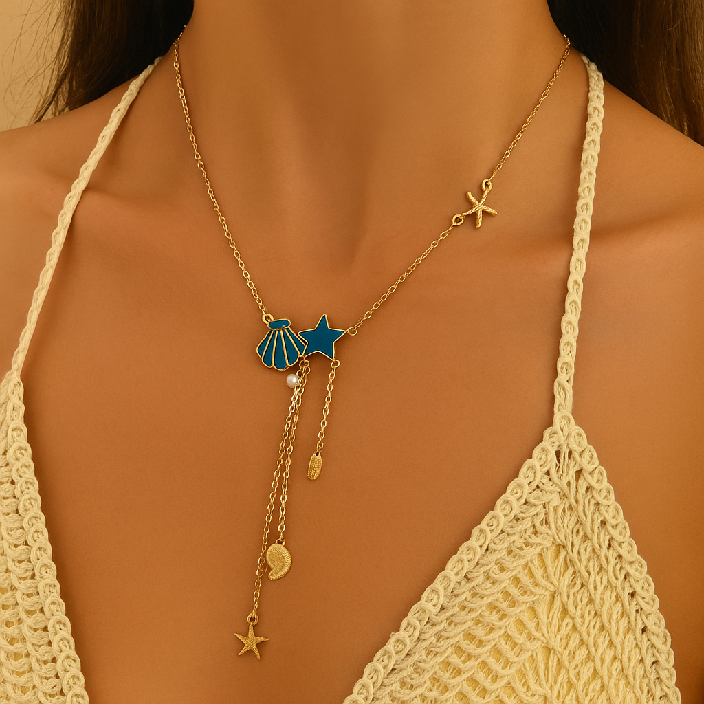 Ocean-Inspired Tassel Necklace – Boho Starfish & Seashell Design