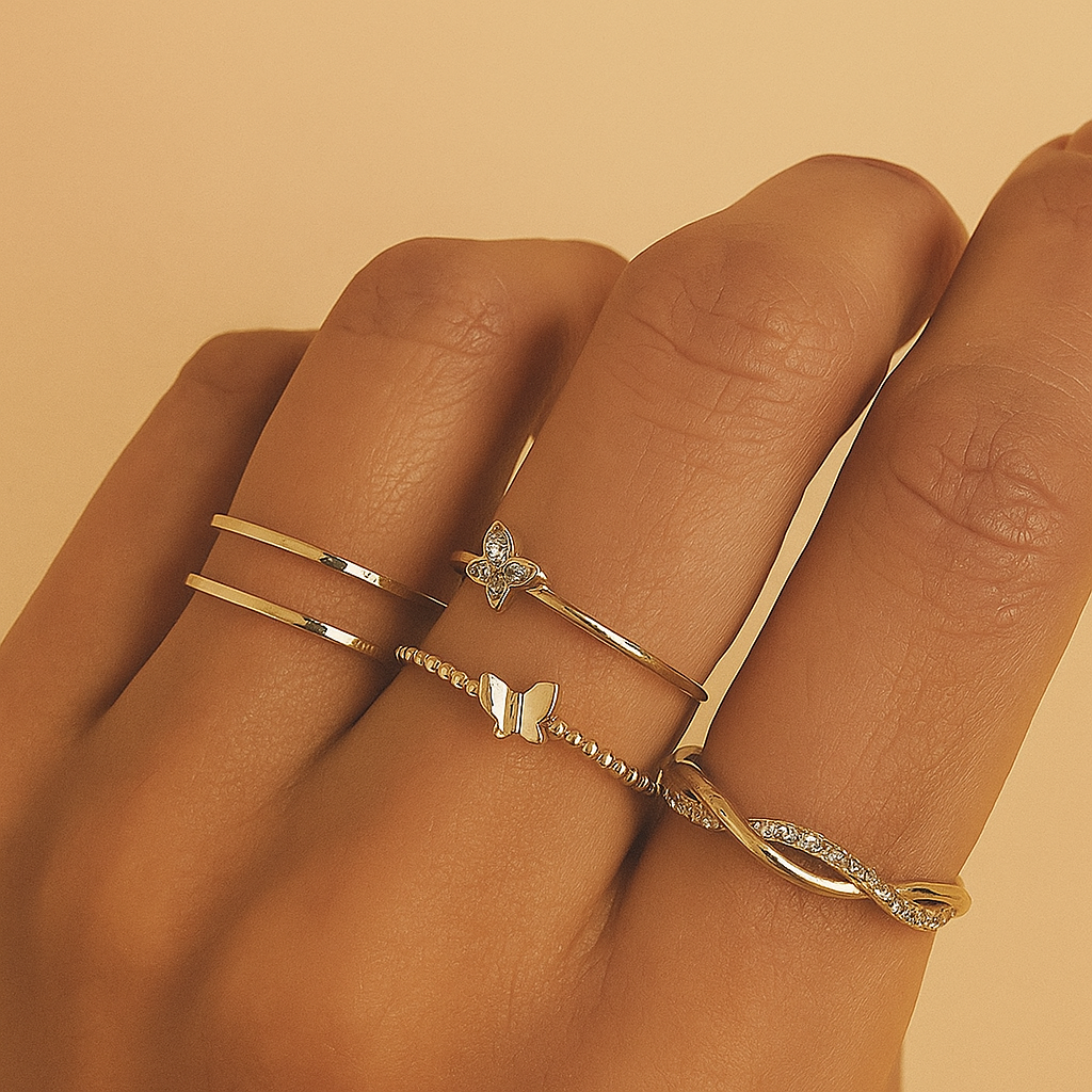 5pcs Elegant Gold-Tone Ring Set – Butterfly, Twisted & Rhinestone Designs