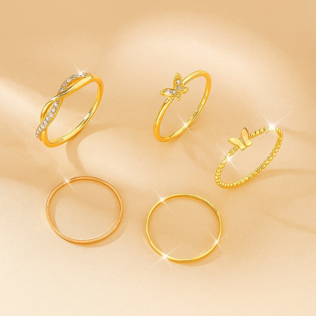 5pcs Elegant Gold-Tone Ring Set – Butterfly, Twisted & Rhinestone Designs