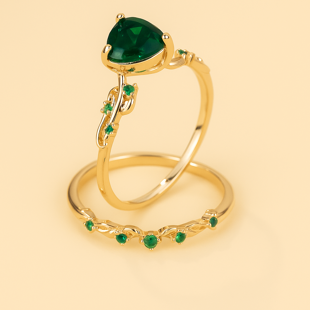 2-Piece Vintage Green Heart Zirconia Ring Set
