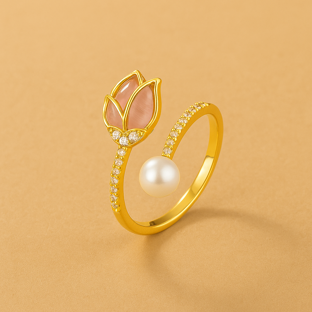 Elegant tulip-shaped button ring with imitation pearl accent