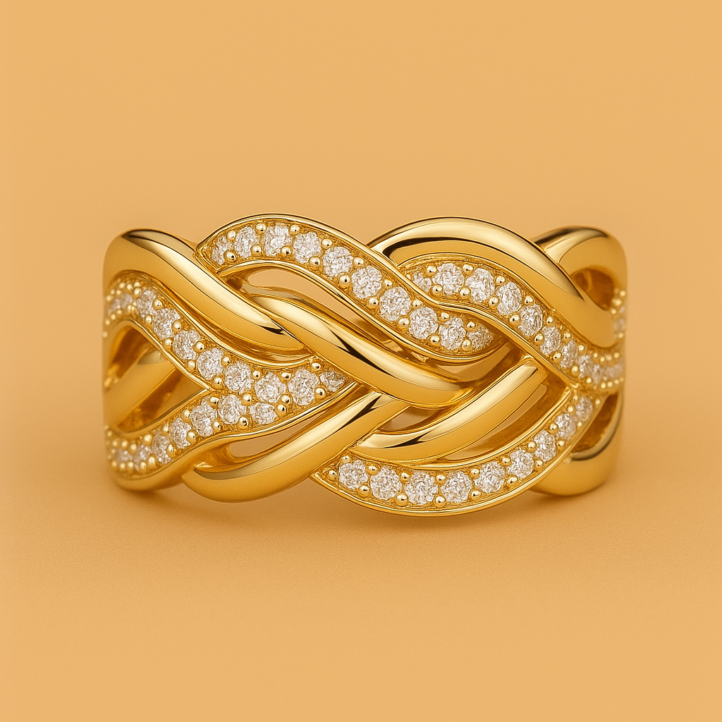 Luxury wide ring with interweaving gold and micropavé zirconia