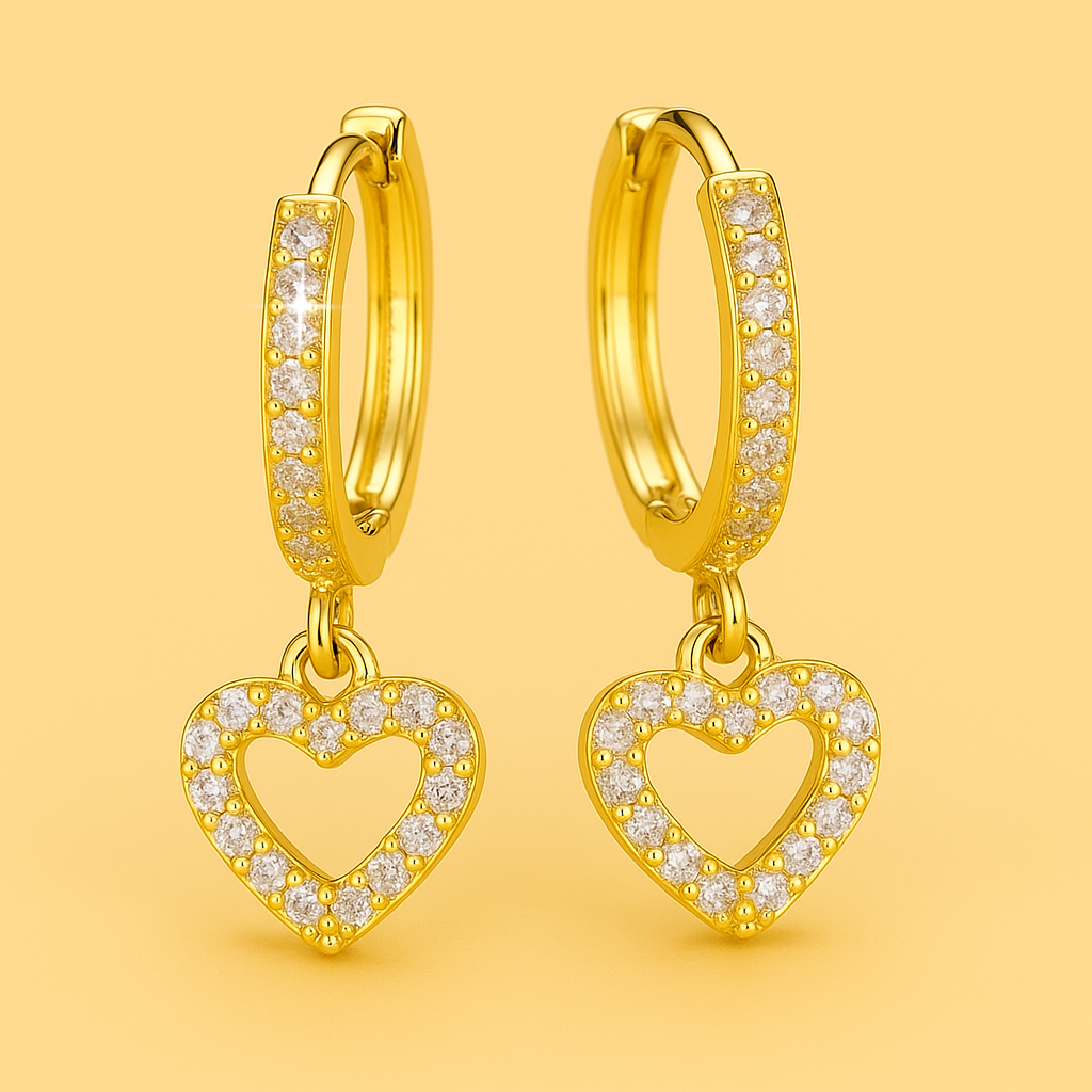 Delicate Heart Drop Hoops in 18K Gold Plating