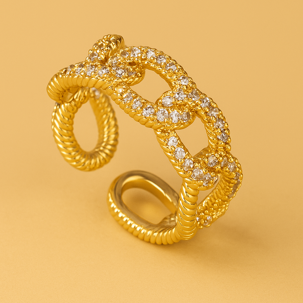 Lingmei - ornate 18K gold-plated zirconia chain ring