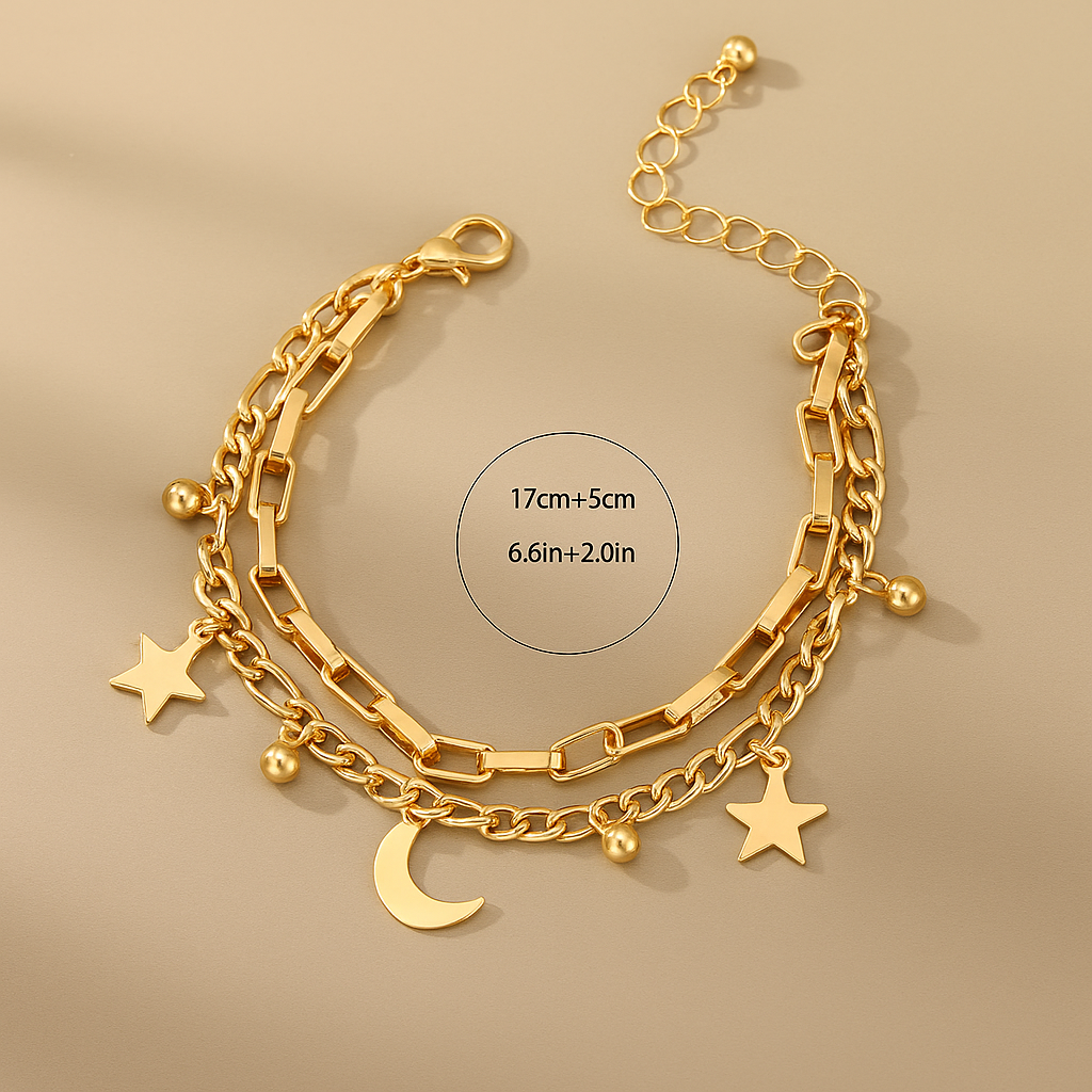 Celestial Charm | Gold-Tone Star & Moon Double Layer Bracelet