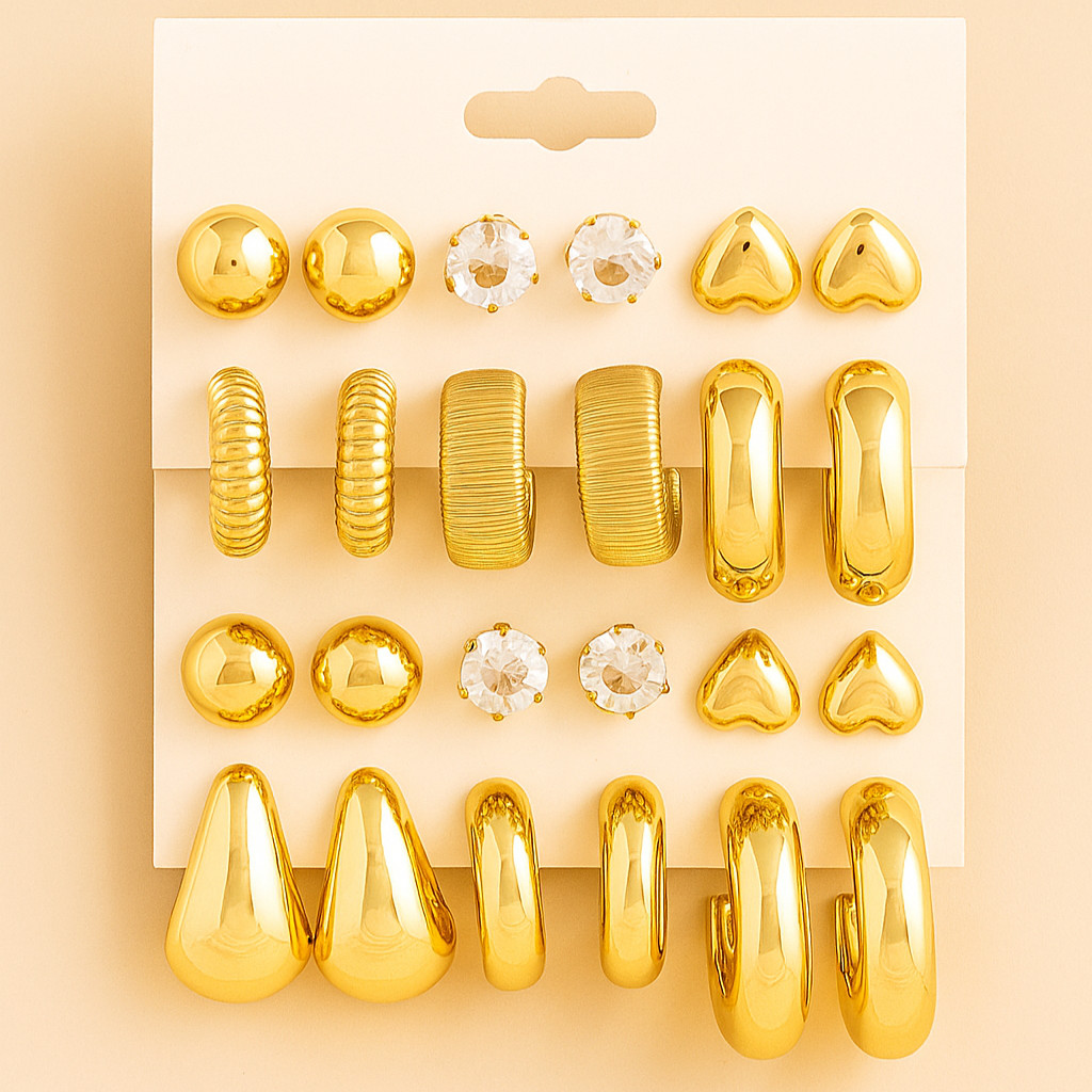 12-24pcs Artificial Crystal Heart & Pearl C-Shaped Gold-Plated Earrings Set