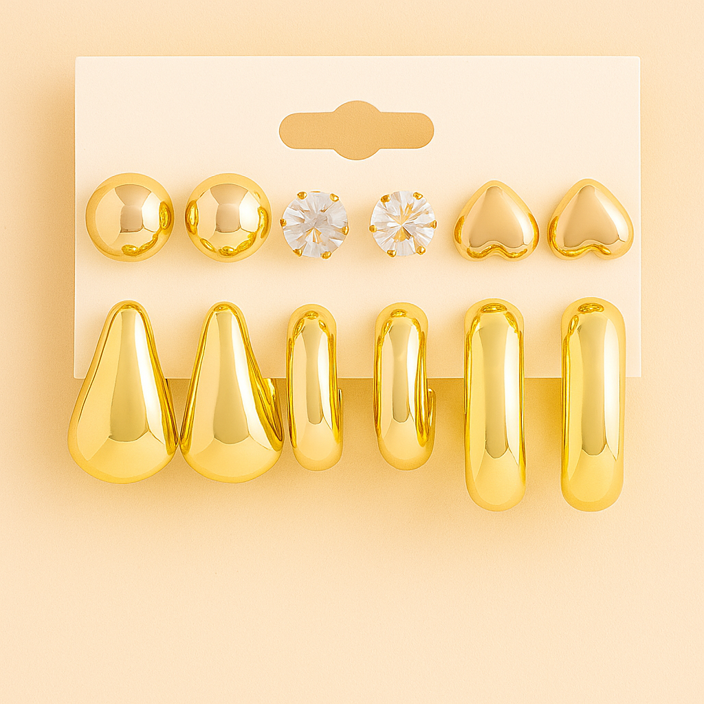 12-24pcs Artificial Crystal Heart & Pearl C-Shaped Gold-Plated Earrings Set
