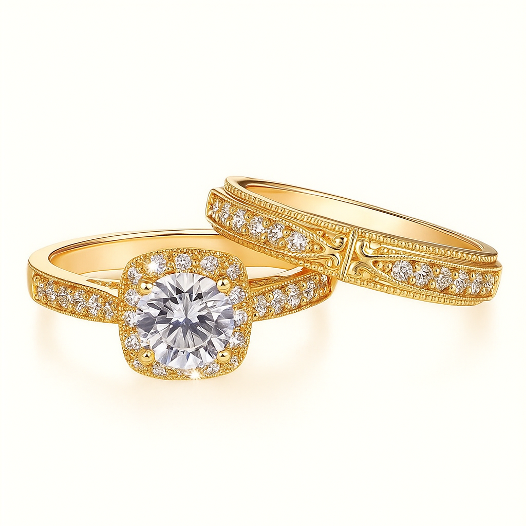 Luxurious & Elegant Gold Engagement Ring Set with Imitation Zirconia
