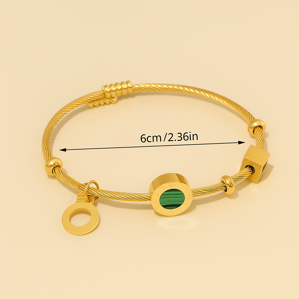 Elegant Golden Cuff Bracelet with Green Stone Gold Beads