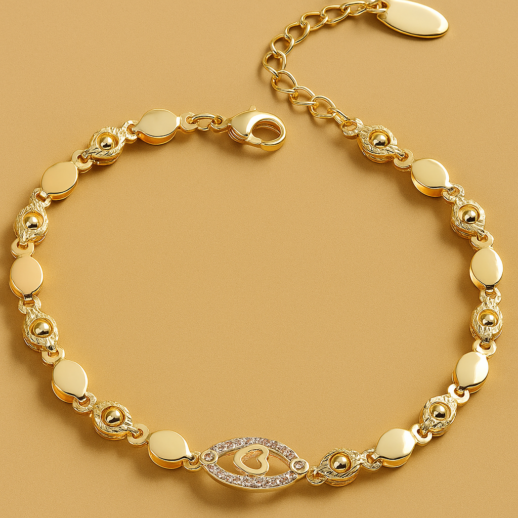 Sparkling Openwork 18K Gold Heart and Leaf Bracelet