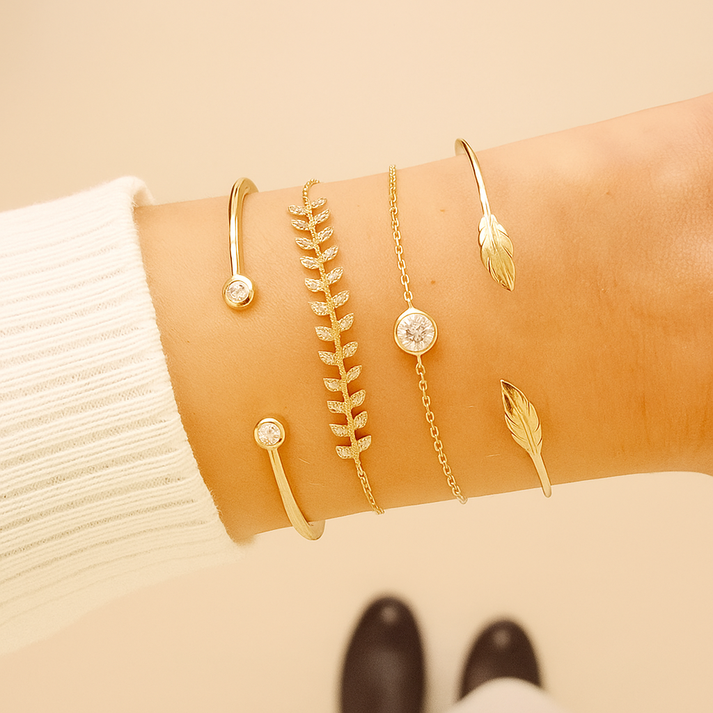 Boho-Chic 4pcs Wheat & Leaf Bracelet Set