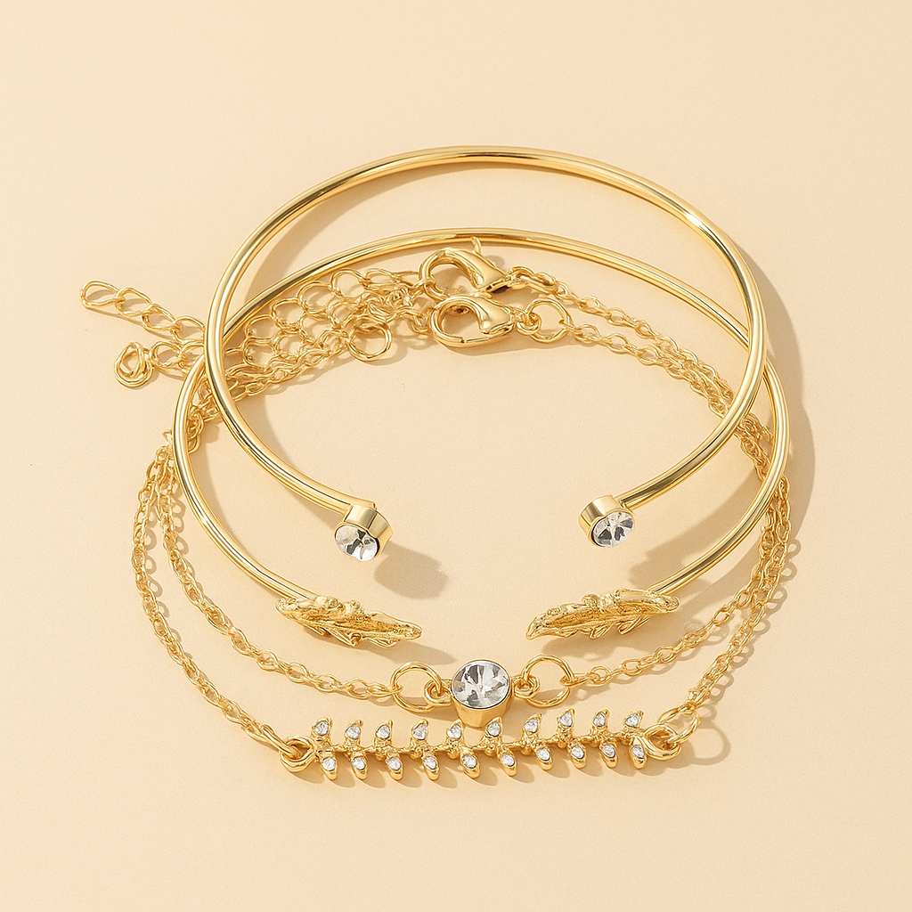 Boho-Chic 4pcs Wheat & Leaf Bracelet Set
