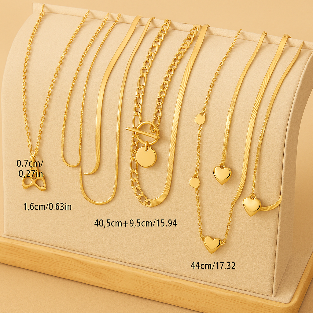 10pcs Elegant Layered Flat Snake Chain & Heart Pendant Necklaces