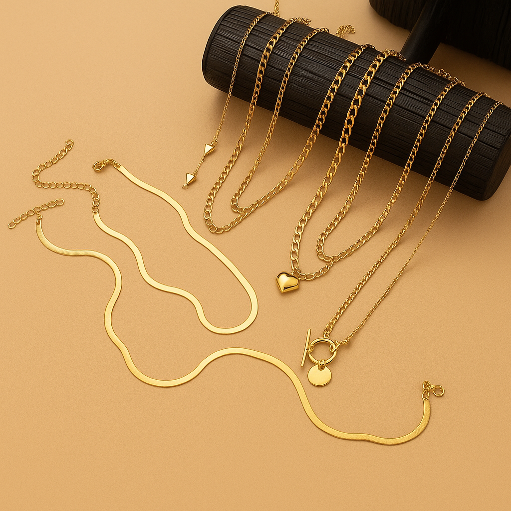 10pcs Elegant Layered Flat Snake Chain & Heart Pendant Necklaces