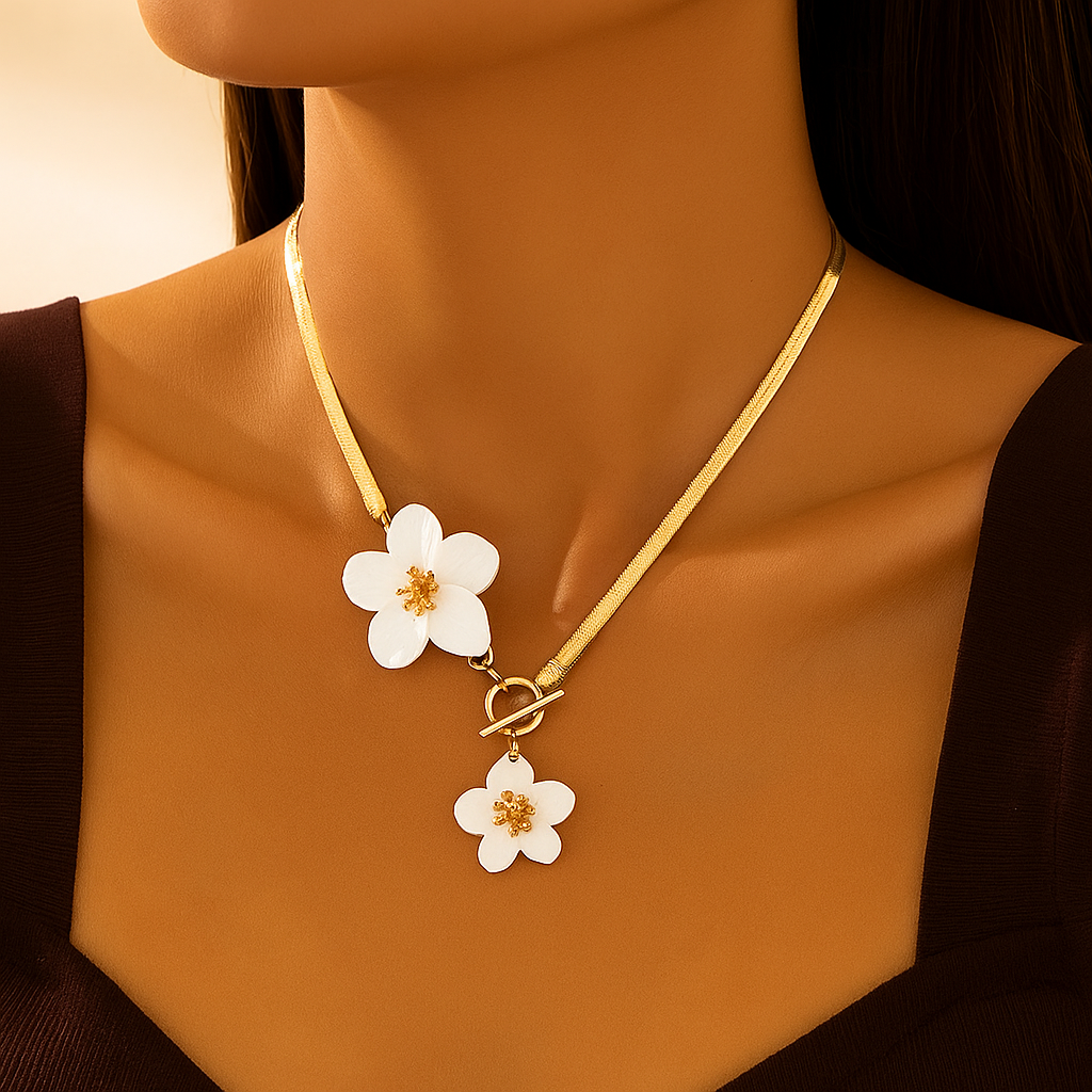 Elegant Golden-Tone Double White Floral Pendant Necklace