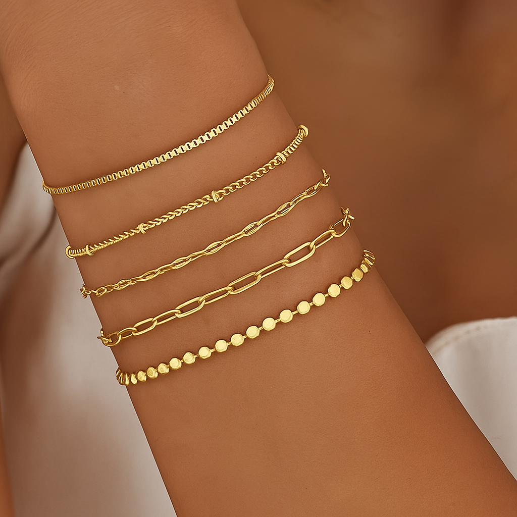 Elegant & Chic 5-Piece Gold-Tone Thin Chain Bracelet Set