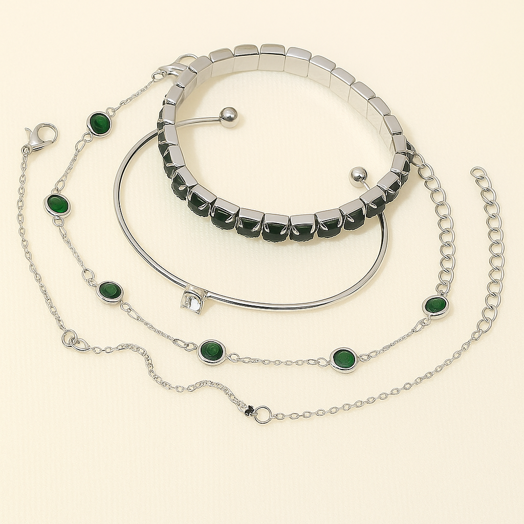 Elegant Green Gemstone & Rhinestone Snake Chain Bracelet Set