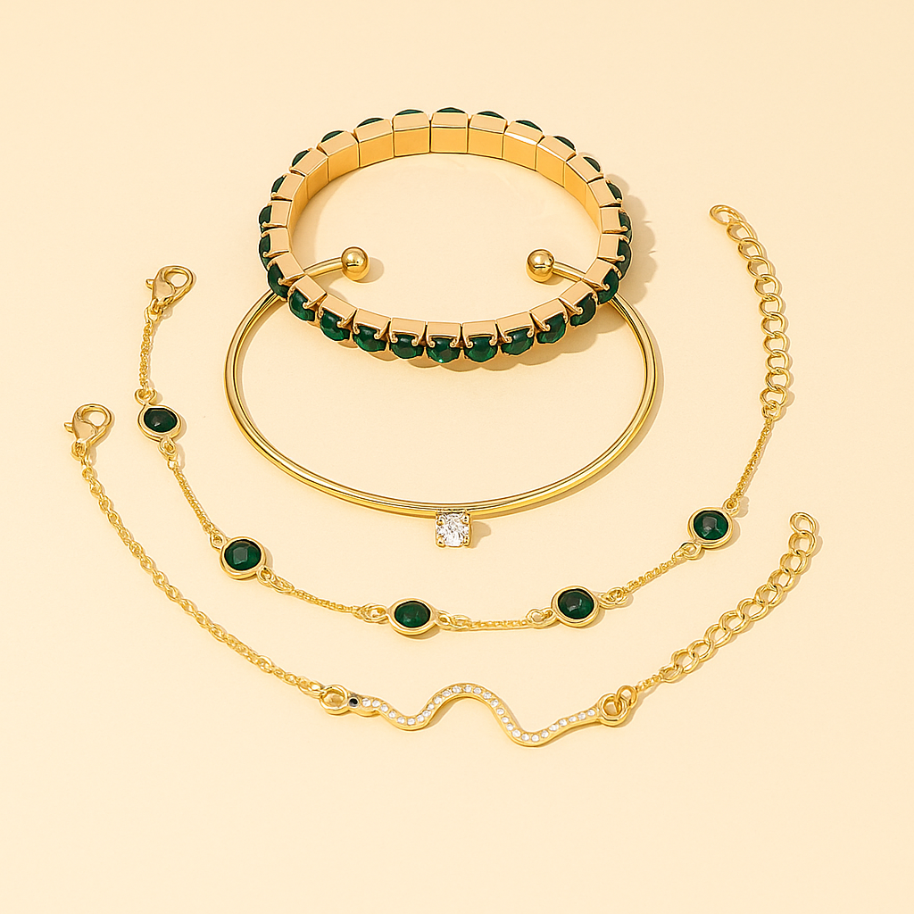 Elegant Green Gemstone & Rhinestone Snake Chain Bracelet Set