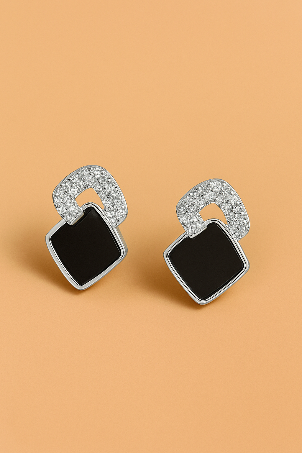Elegant Black Square Stud Earrings with Glass Highlights