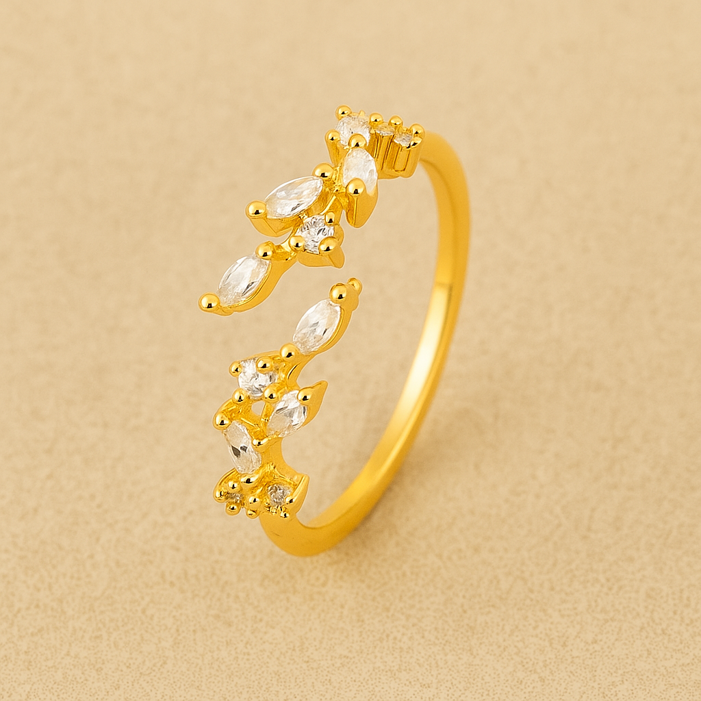 Sparkling leaf pattern ring with synthetic zirconia