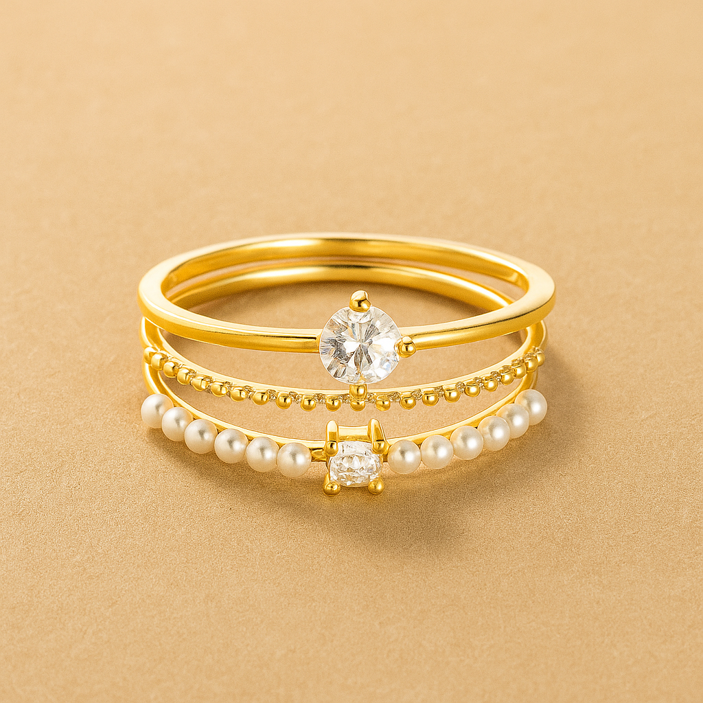 Ornate 3-piece ring set - Zirconia & Pearls