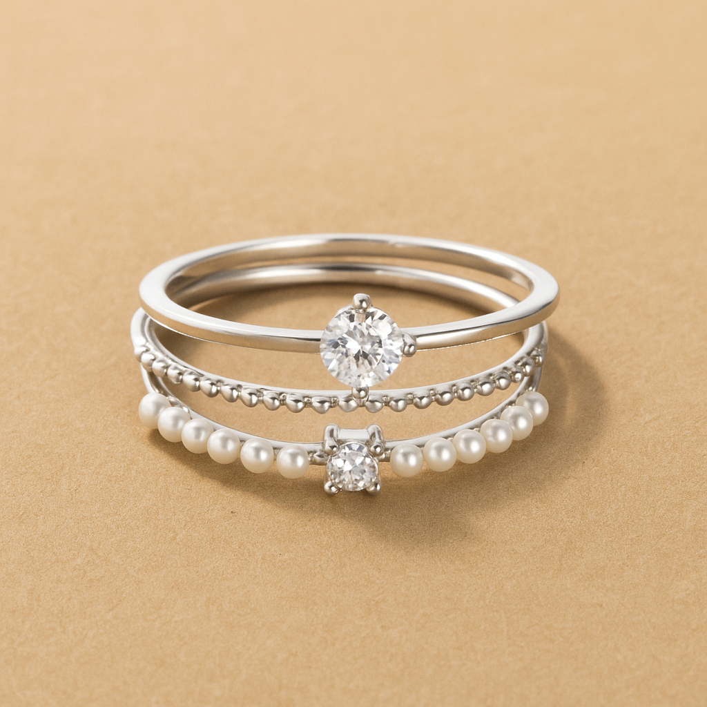 Ornate 3-piece ring set - Zirconia & Pearls