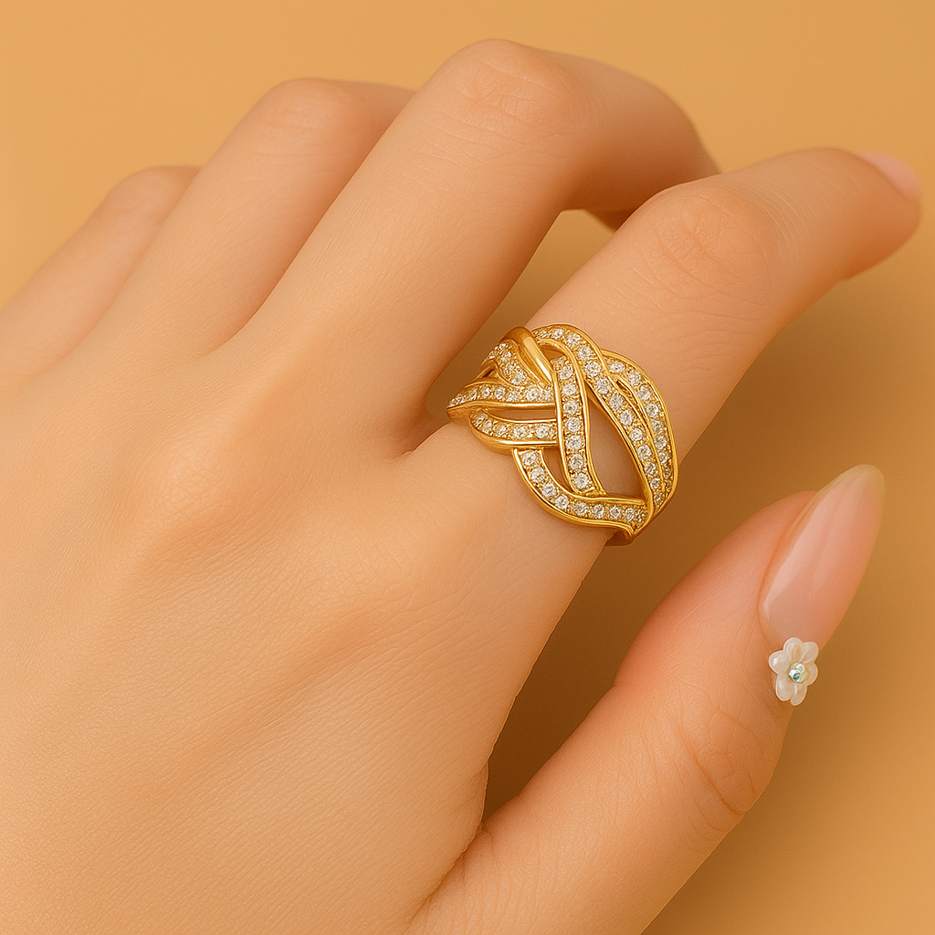Luxury wide ring with interweaving gold and micropavé zirconia