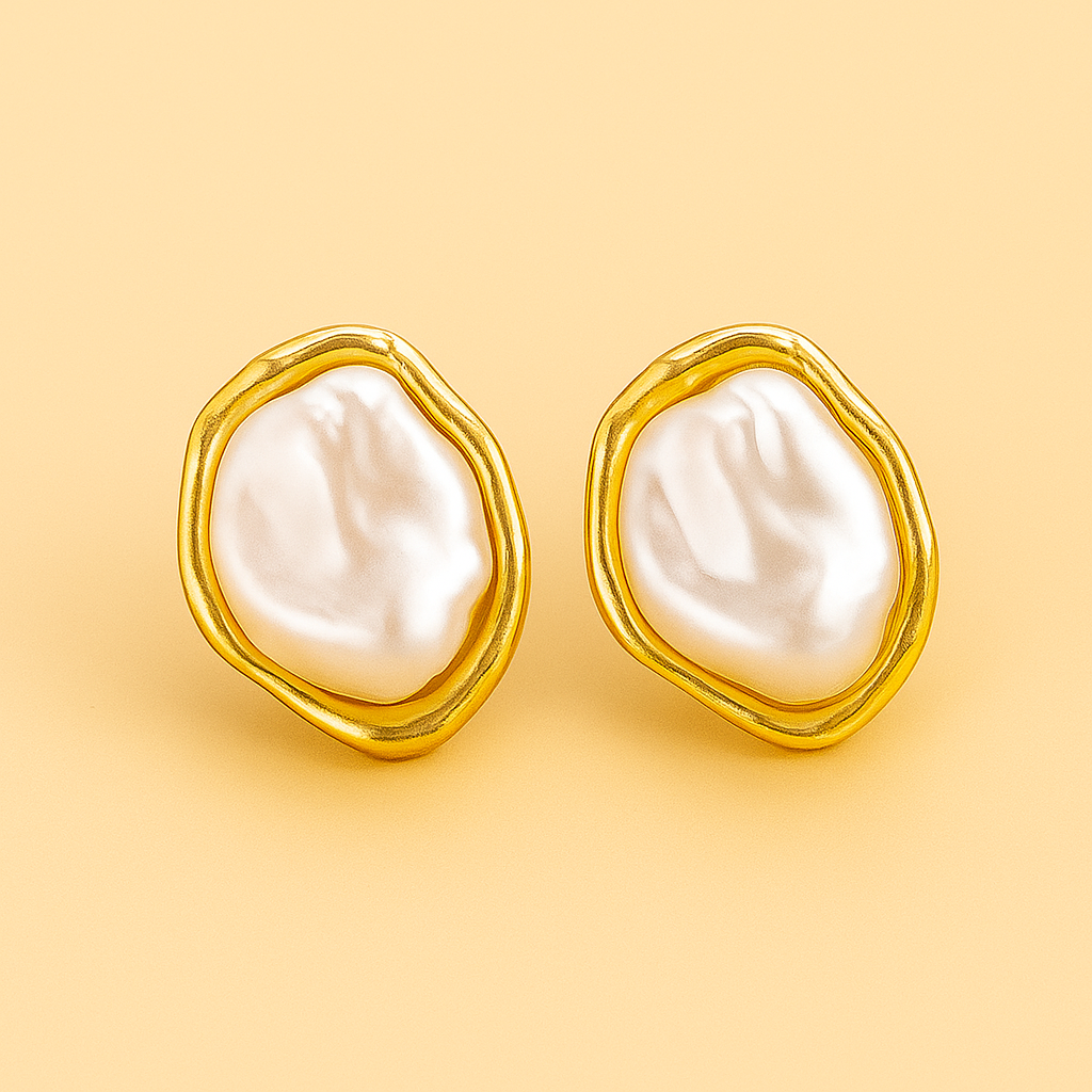 Elegant Gold-Finish Irregular Oval Pearl Stud Earrings
