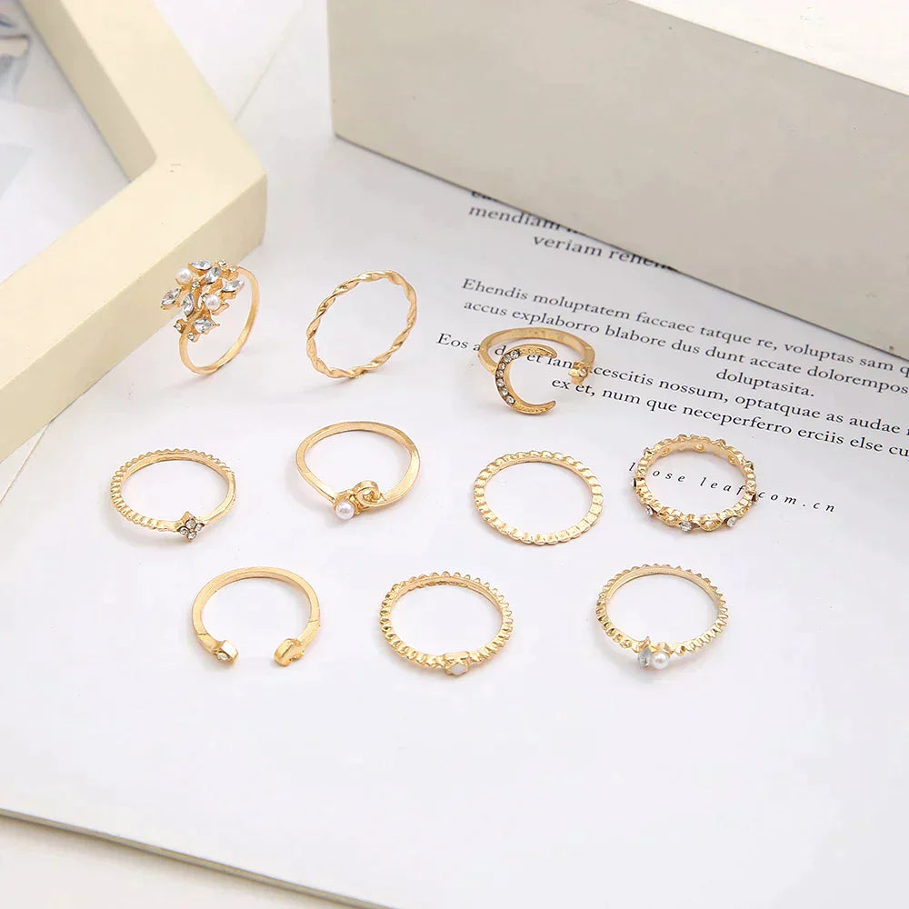 10-Piece Bohemian Ring Set – Silver & Gold-Plated Eclectic Elegance