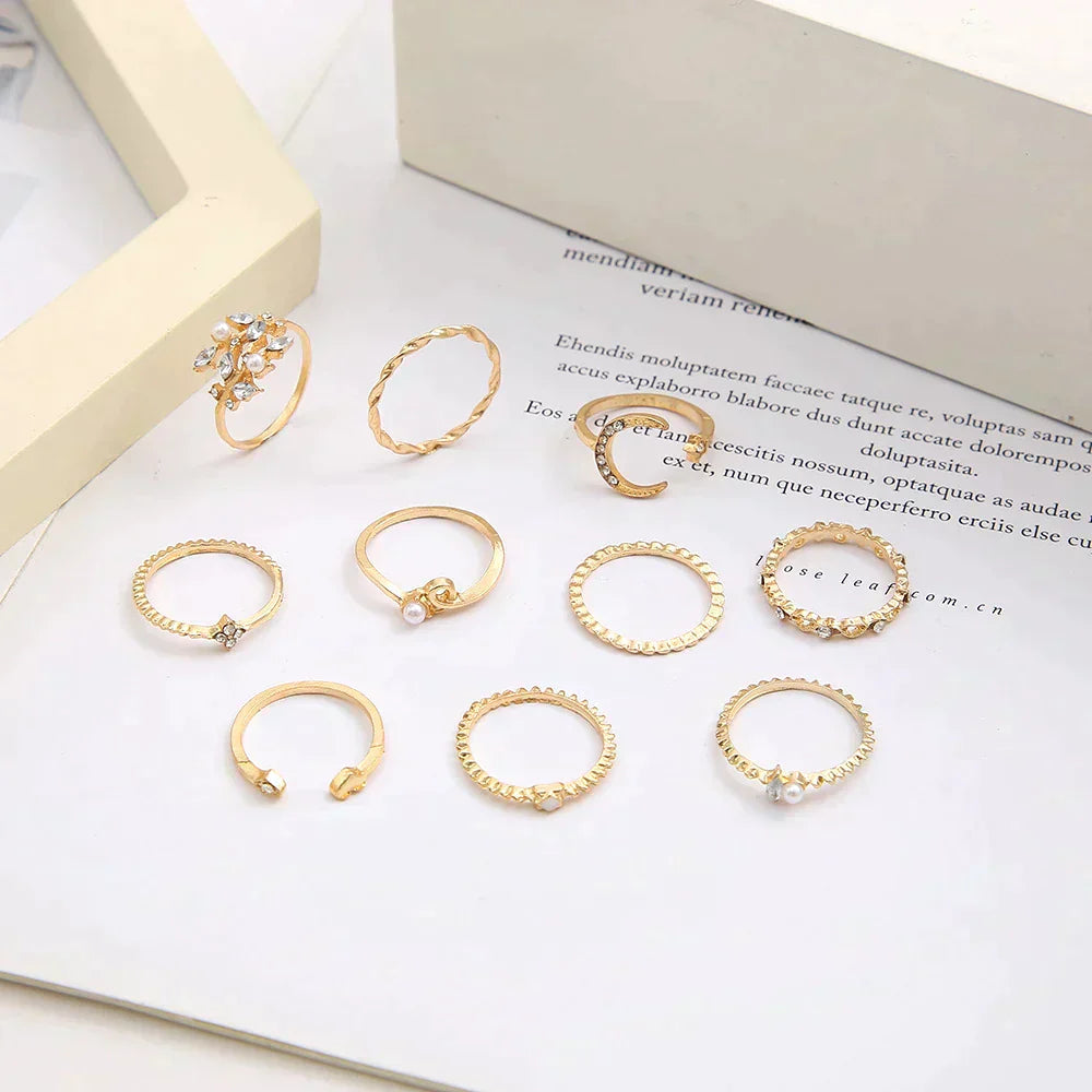 10-Piece Bohemian Rings Set - Silver & Gold Shades