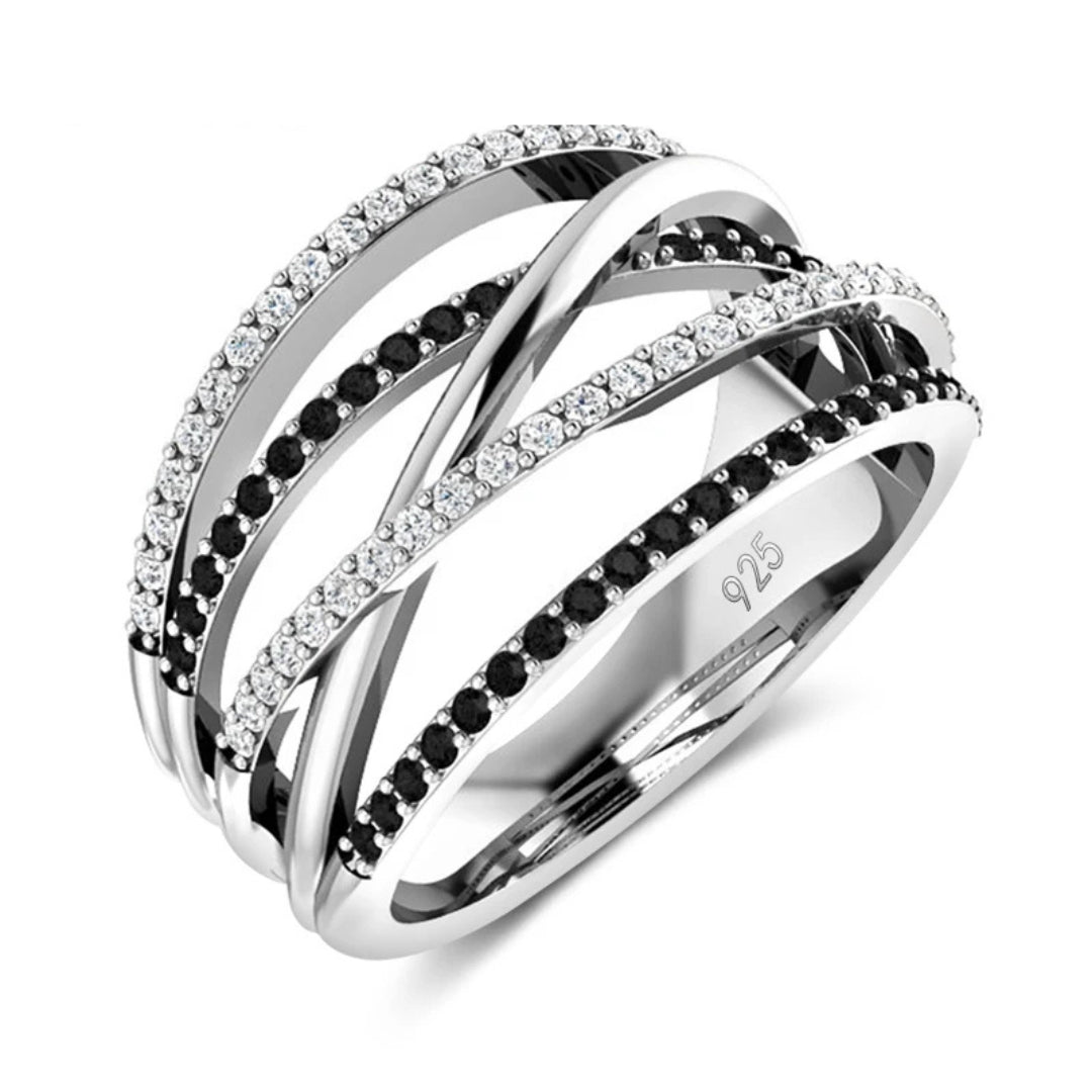Layered Silver Ring with Elegant Black Crystal