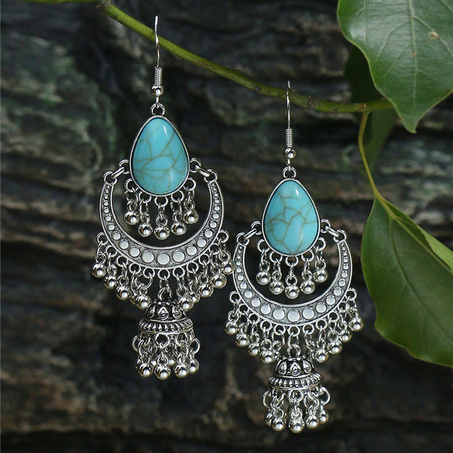 Boho Silver Earrings with Bells & Opal Accents